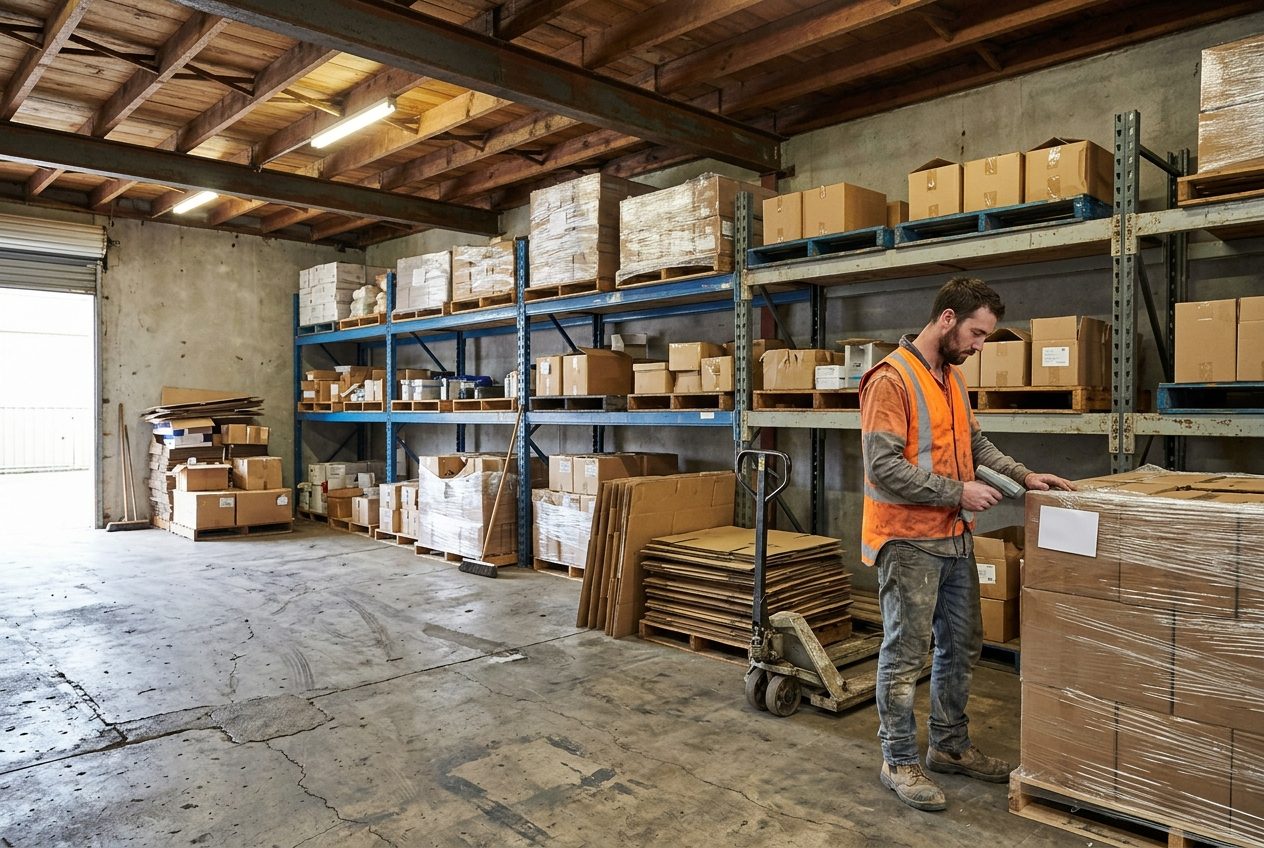 A worker scanning a label on a shrink-wrapped pallet in the aisle of a small older warehouse with mismatched racking.